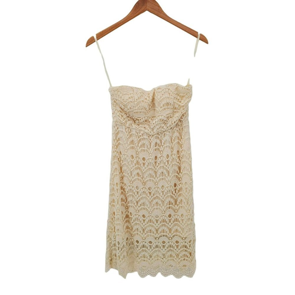 Ultra Pink Womens Strapless Crochet‎ Sundress Sz 8 Ivory Midi Boho Lined Beachy